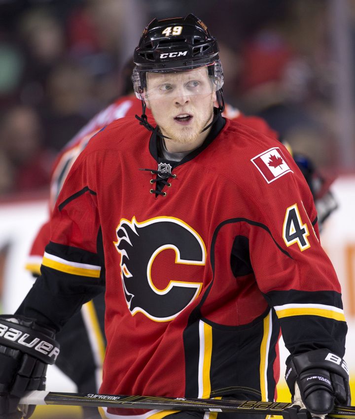 NHL profile photo on Calgary Flames’ Hunter Shinkaruk at a game against the Los Angeles Kings in Calgary, Alberta on Apr. 5, 2016.