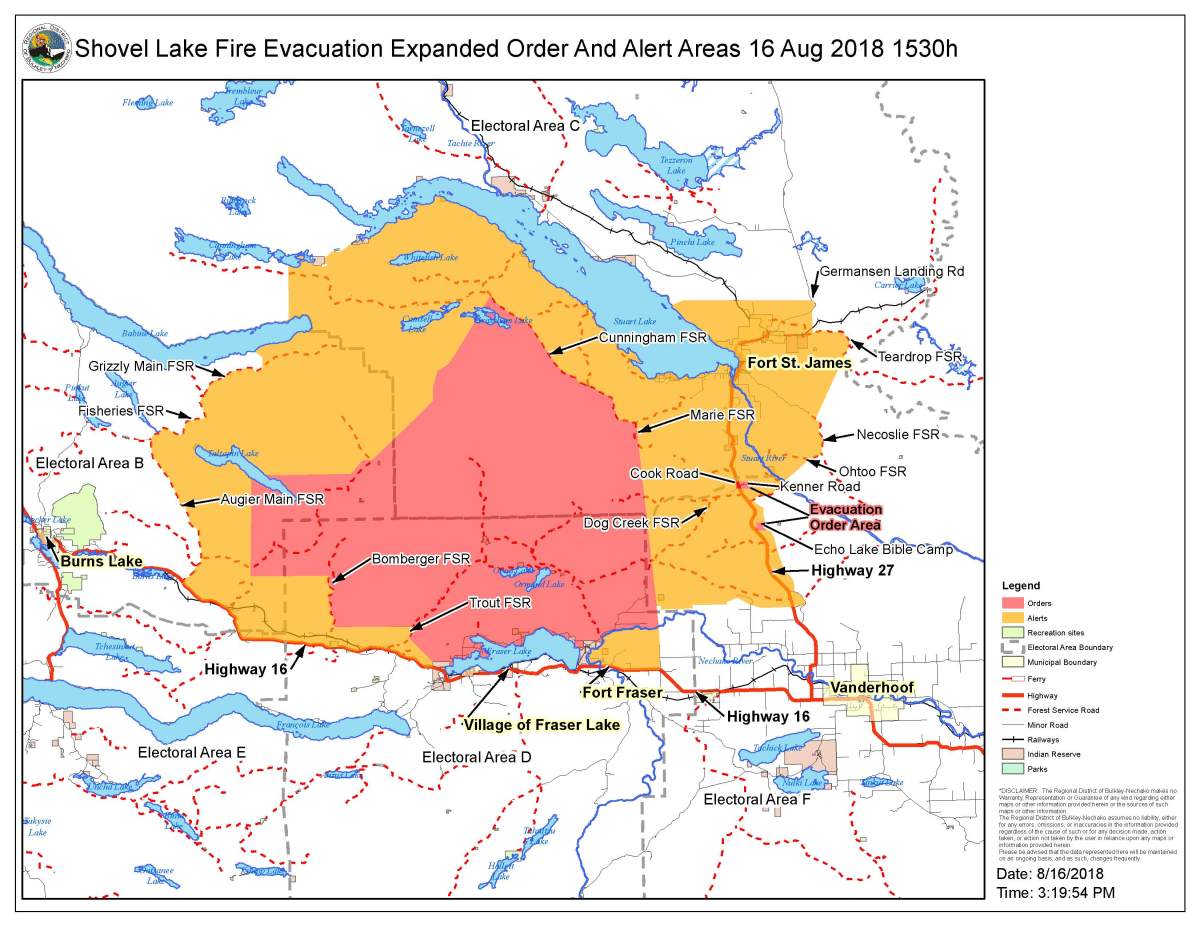Evacuation orders and alerts associated with the Shovel Lake wildfire.