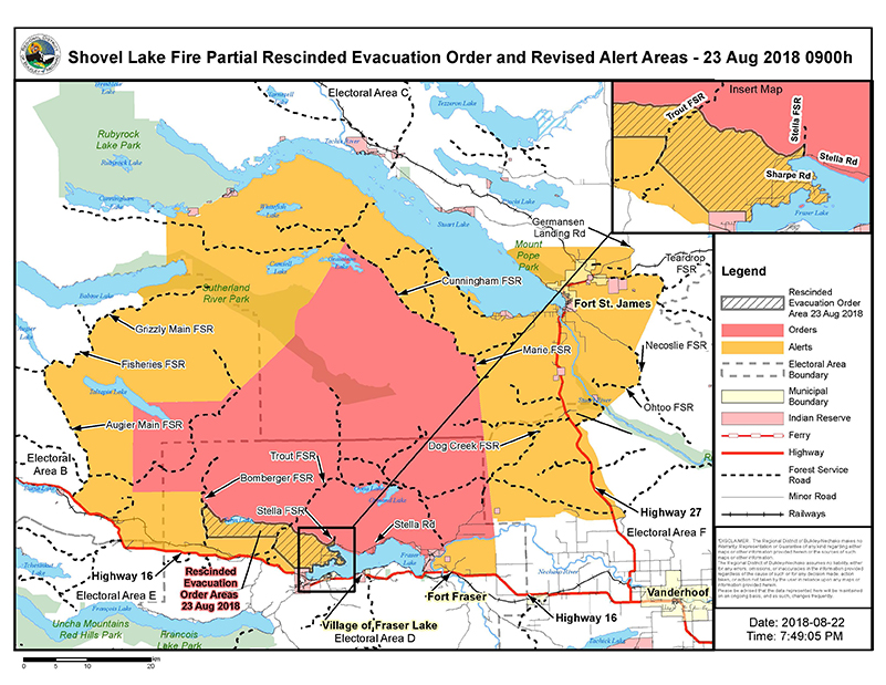 Parts of an evacuation order related to the Shovel Lake wildfire have been downgraded to an evacuation alert.
