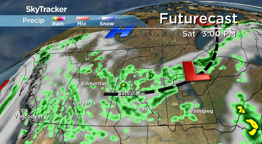 Showers and thunderstorms are expected to spark up over central Saskatchewan along on trough on Saturday.