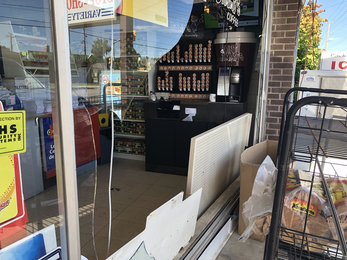 Guelph police say a pickup truck was used to smash the front window of a convenience store early Friday morning.