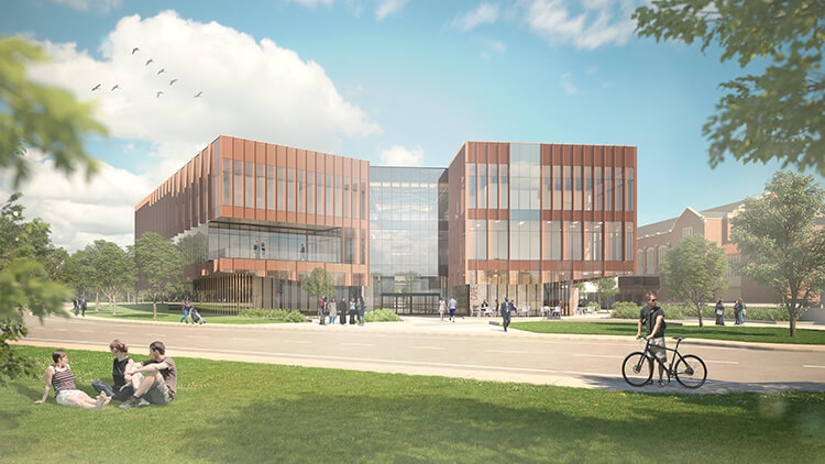 A conceptual view of the south entrance and plaza.