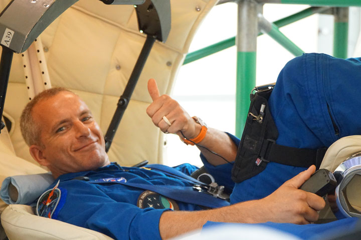 David Saint-Jacques is pictured inside the world’s largest centrifuge to prepare him for the impact of acceleration.
