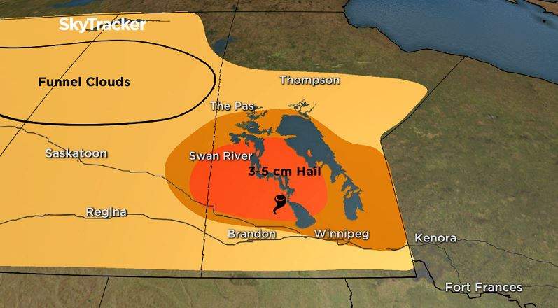 Scattered thunderstorm activity is possible throughout most of Manitoba. The red area is at a higher risk of severe thunderstorm activity.