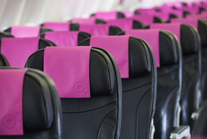 The cabin of a Swoop Airlines Boeing 737 on display during a media event, Tuesday, June 19, 2018 at John C. Munro International Airport in Hamilton, Ont. 
