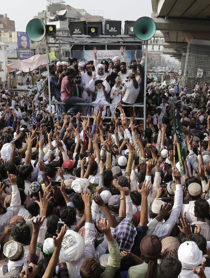 Khadim Hussain Rizvi, head of religous political party Tehreek e Labaik, speaks to supporters during a march to Islamabad, to protest against the Dutch politician Geert Wilders in Lahore, Pakistan, 29 August 2018.