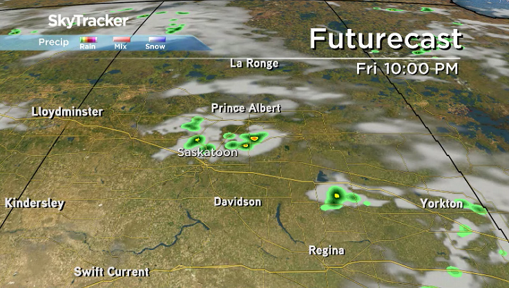 There is a slight chance of a few scattered showers late Friday in central Saskatchewan.