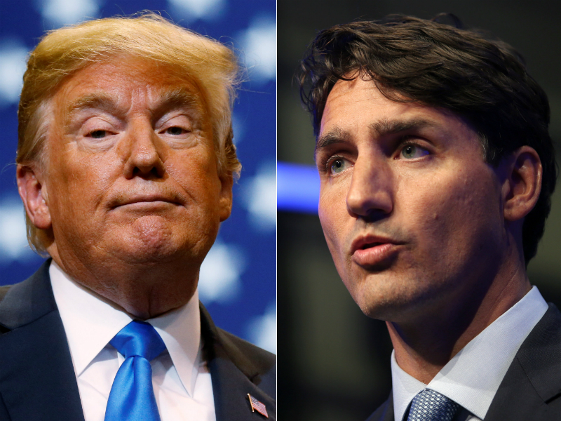 At left, U.S. President Donald Trump. At right, Canadian Prime Minister Justin Trudeau.