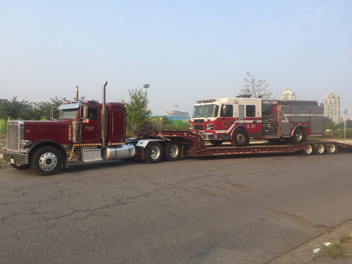 A Vancouver Fire and Rescue truck loaded up to head to Fort St. James on Thursday. The truck is being taken on a flatbed to protect it from wear and tear. 