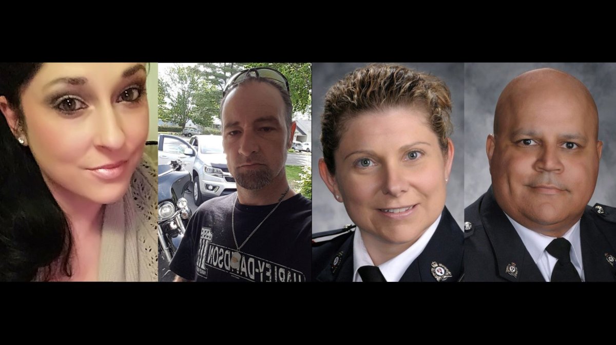Bobbie-Lee Wright, 32, Donald Robichaud, 42, Const. Sara Mae Burns, 43, and Const. Robb Costello, 45, have been identified by the Fredericton Police Force as the victims of Friday's shooting in Fredericton. 