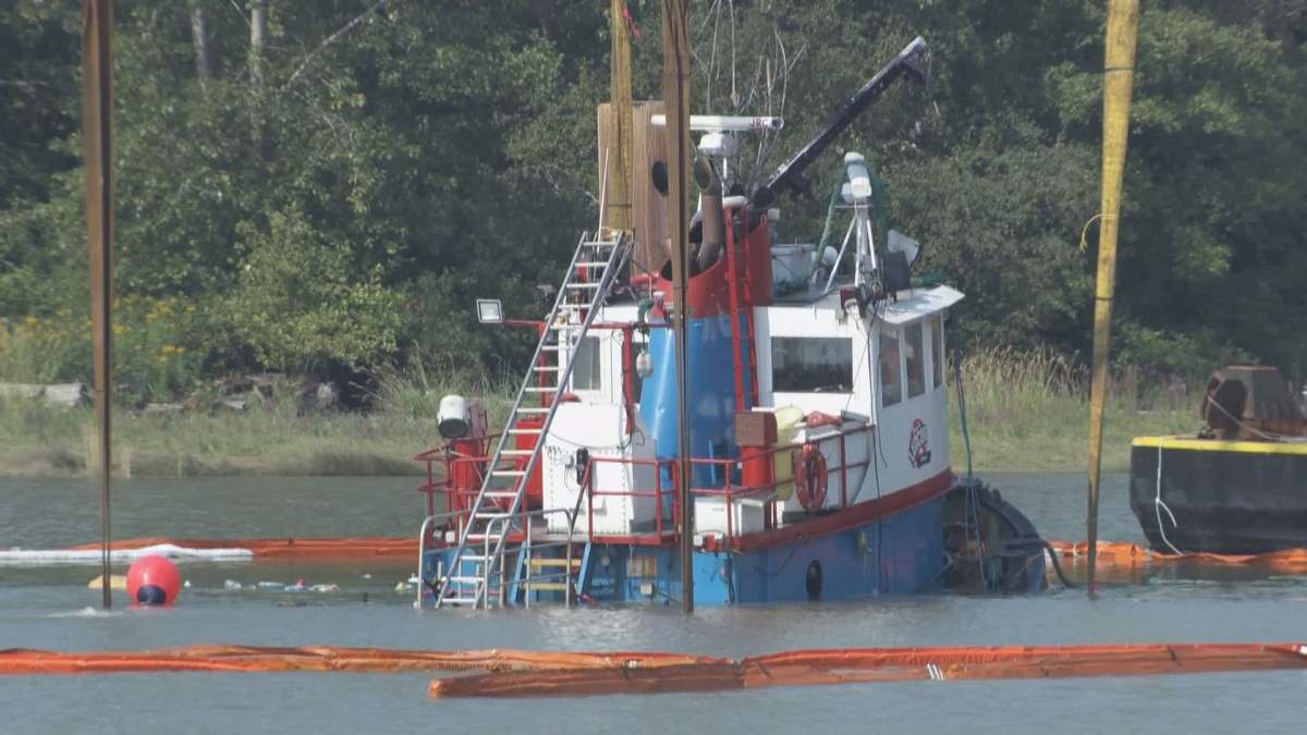 The George H. Ledcor was re-floated to the surface of the Fraser River on Thursday.