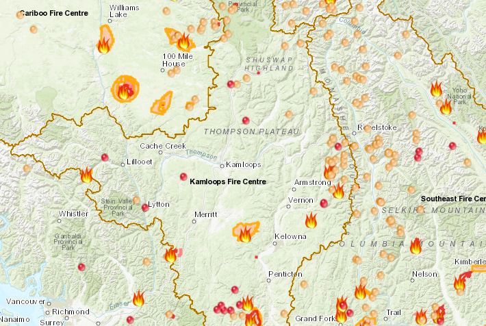 Wildfire map of Kamloops Fire Centre Aug 16, 2018.