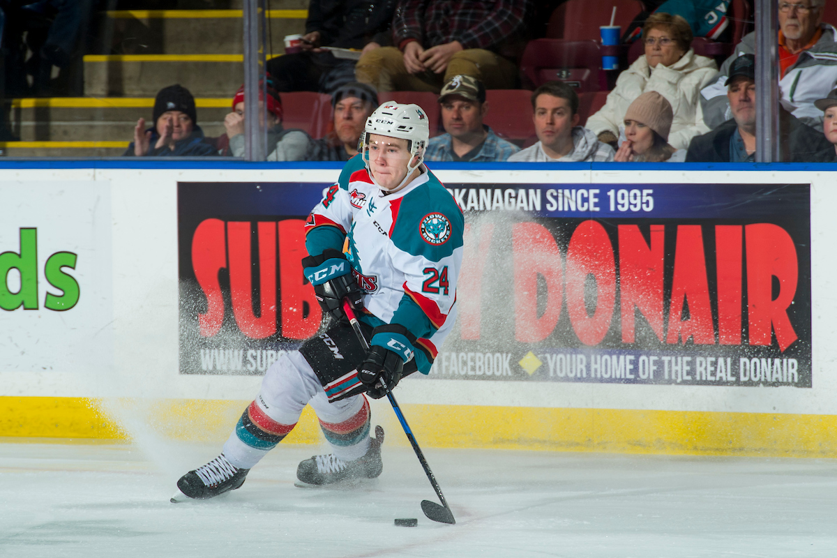 KELOWNA, CANADA - FEBRUARY 20:  Kyle Topping #24 of the Kelowna Rockets skates with the puck against the Prince George Cougars on February 20, 2018 at Prospera Place in Kelowna, British Columbia, Canada.  (Photo by Marissa Baecker/Shoot the Breeze)  *** Local Caption ***.