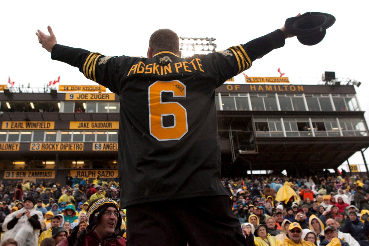 Dan Black, a.k.a. Pigskin Pete, whips up the home Hamilton Tiger Cats fans in a 2012 file photo.