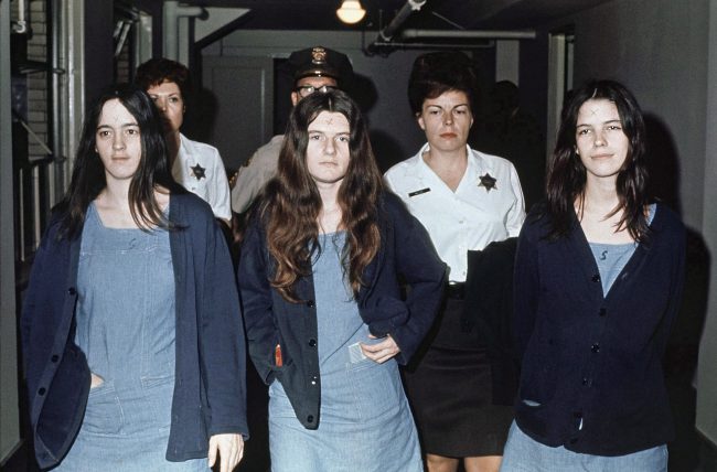 This March 29, 1971, file photo shows three female defendants in the Charles Manson murder trial, from left, Susan Atkins, Patricia Krenwinkel and Leslie Van Houten.