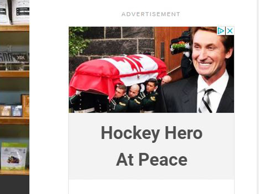 A scam got readers to click on an ad by claiming that Wayne Gretzky had died. 
