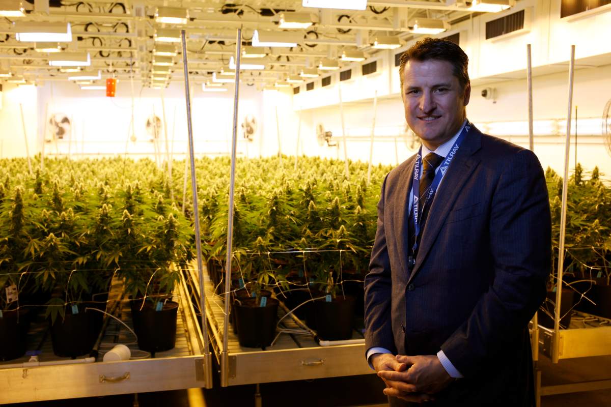 Tilray President Brendan Kennedy is photographed with some of the Tilray product line such as capsules, oils, and dried marijuana at head office in Nanaimo, B.C., on Thursday, November 29, 2017. THE CANADIAN PRESS/Chad Hipolito.