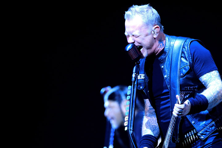 Metallica guitarist and singer James Hetfield performs on stage at Sports Palace in Madrid on Feb. 3, 2018.