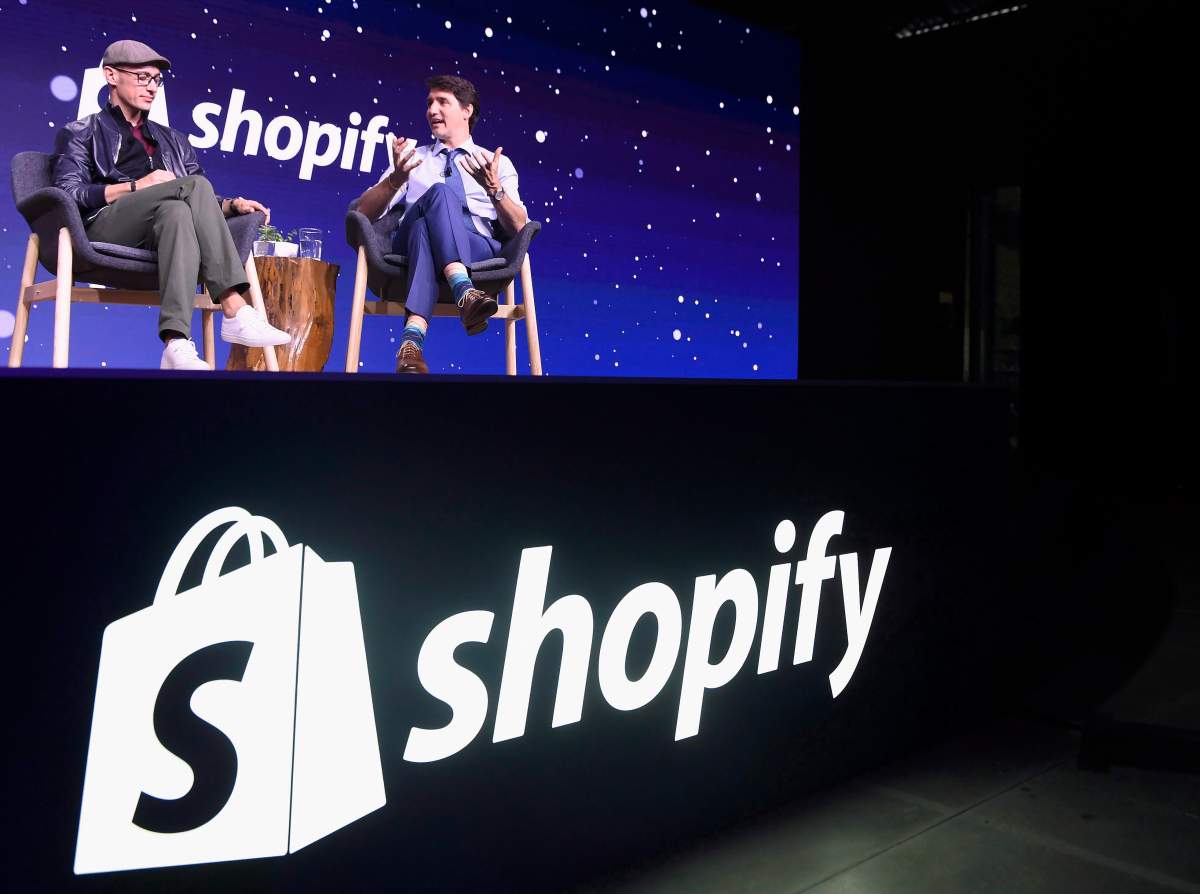 Prime Minister Justin Trudeau participates in an armchair discussion with Shopify CEO Tobias Lutke in Toronto on Tuesday, May 8, 2018.
