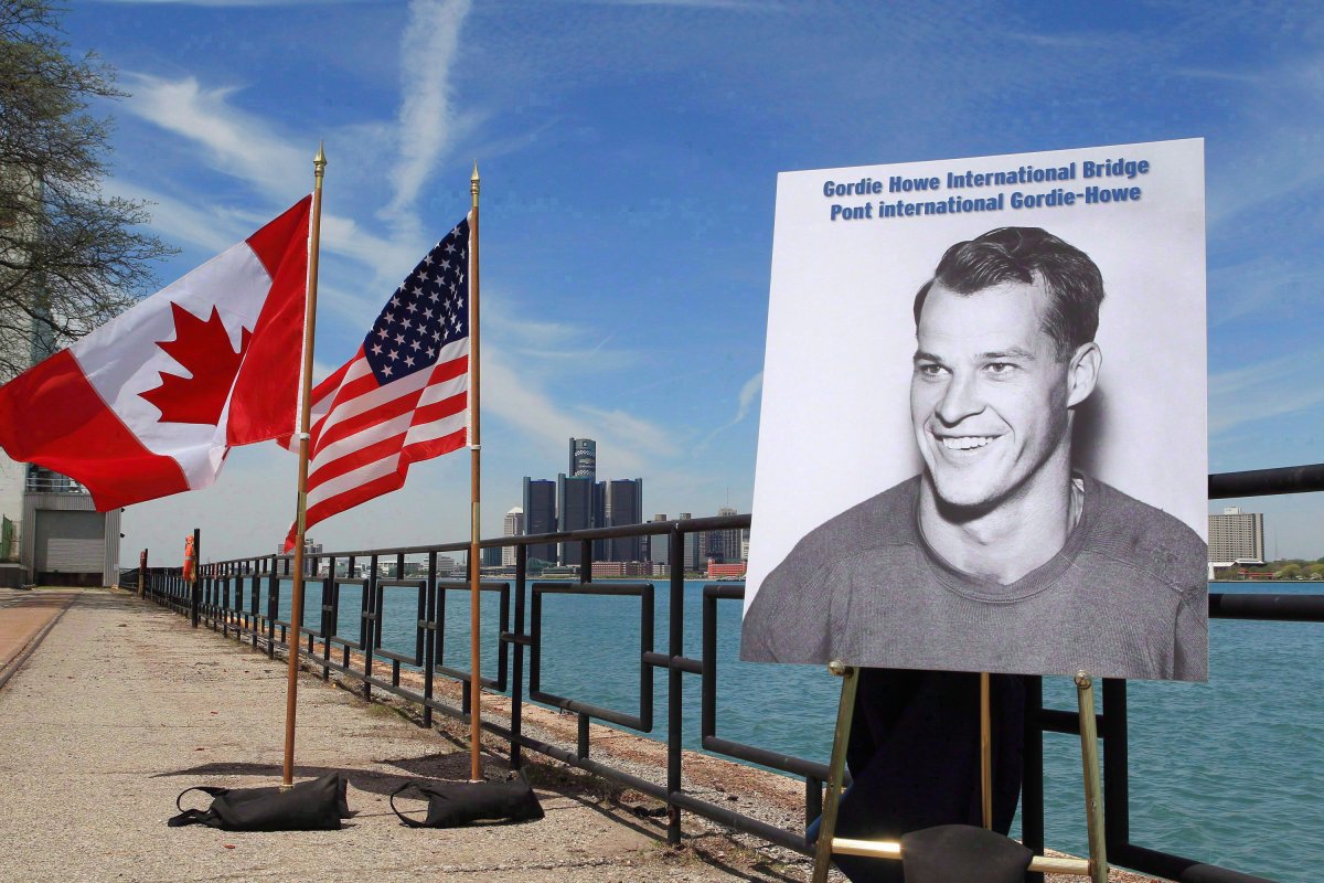 A photo of hockey great Gordie Howe was unveiled at the announcement that the Detroit River International Crossing will be named the Gordie Howe International Bridge, on the waterfront, in Windsor, Ont., Thursday May 14, 2015. 