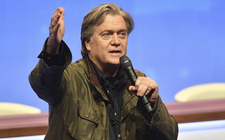 FILE - In this file photo dated Saturday, March 10, 2018, former White House strategist Steve Bannon addresses members of the far right National Front party at the party congress in the northern French city of Lille. 