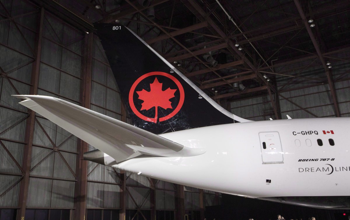 The tail of the newly revealed Air Canada Boeing 787-8 Dreamliner aircraft is seen at a hangar at the Toronto Pearson International Airport in Mississauga, Ont., Thursday, February 9, 2017. 