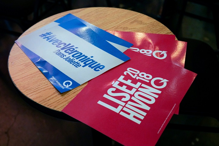 PQ election banners at a rally in Joliette, Que., August 26, 2018. 