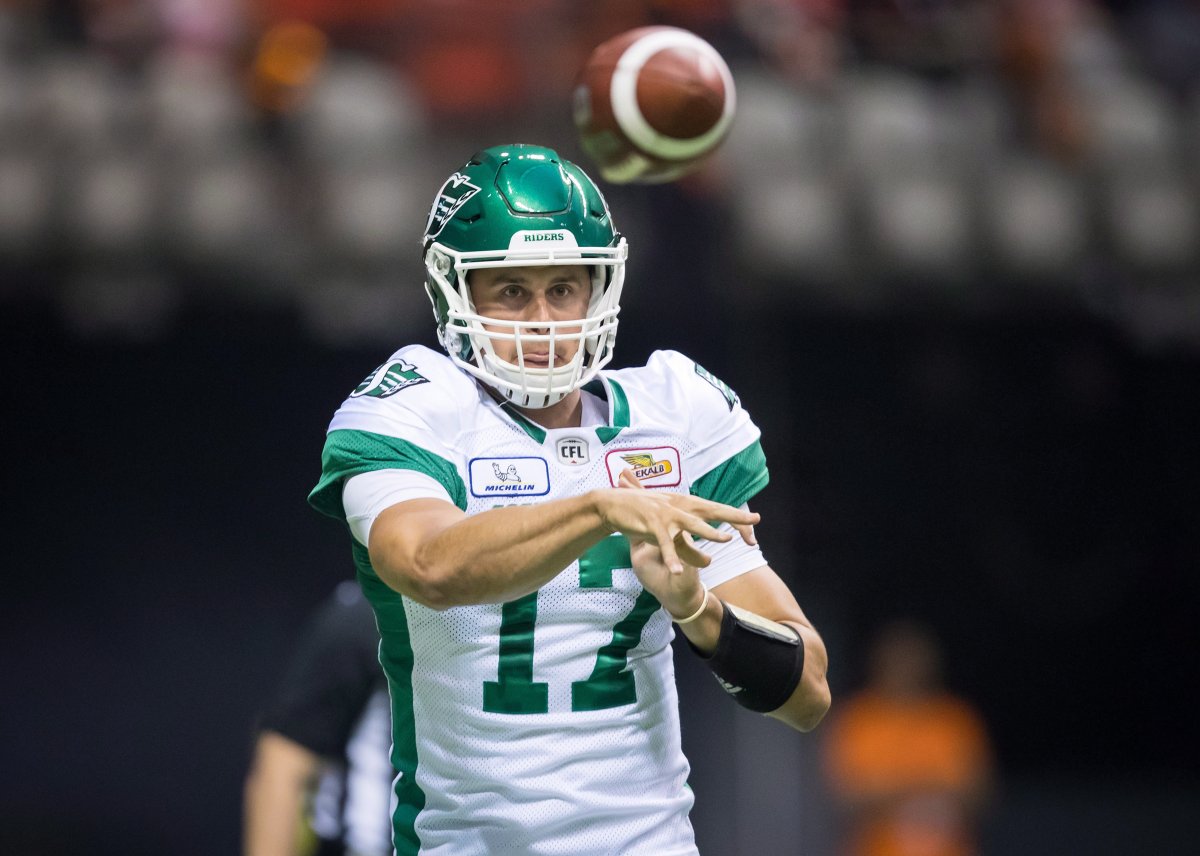 Saskatchewan Roughriders' quarterback Zach Collaros passes against the B.C. Lions during the first half of a CFL football game in Vancouver on Saturday August 25, 2018. 