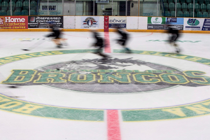 Players from team black skate down the ice during the first day of the Humboldt Broncos training camp at Elgar Petersen Arena in Humboldt, Sask. on Friday, August, 24, 2018. 