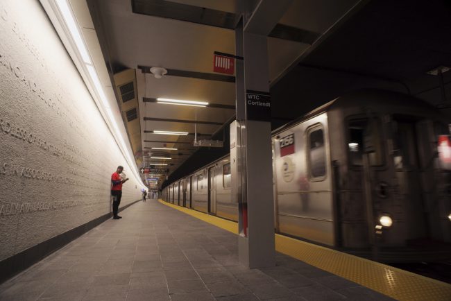 A downtown 1 train pulls into the newly-opened WTC Cortlandt subway station in New York, Sept. 8, 2018. 