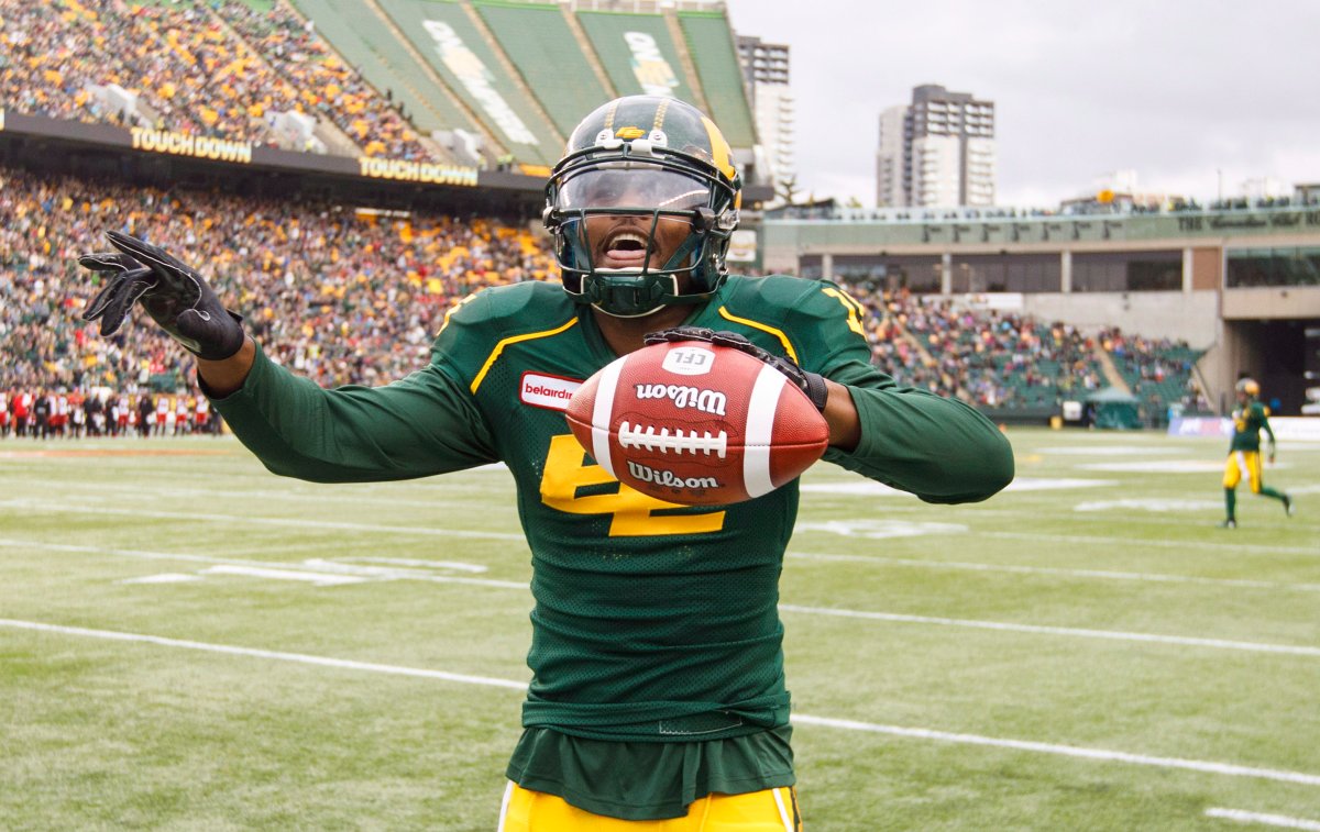 Edmonton Eskimos D'haquille Williams (81) celebrates a touchdown against the Calgary Stampeders during first half CFL action in Edmonton, Alta., on Saturday September 8, 2018. 