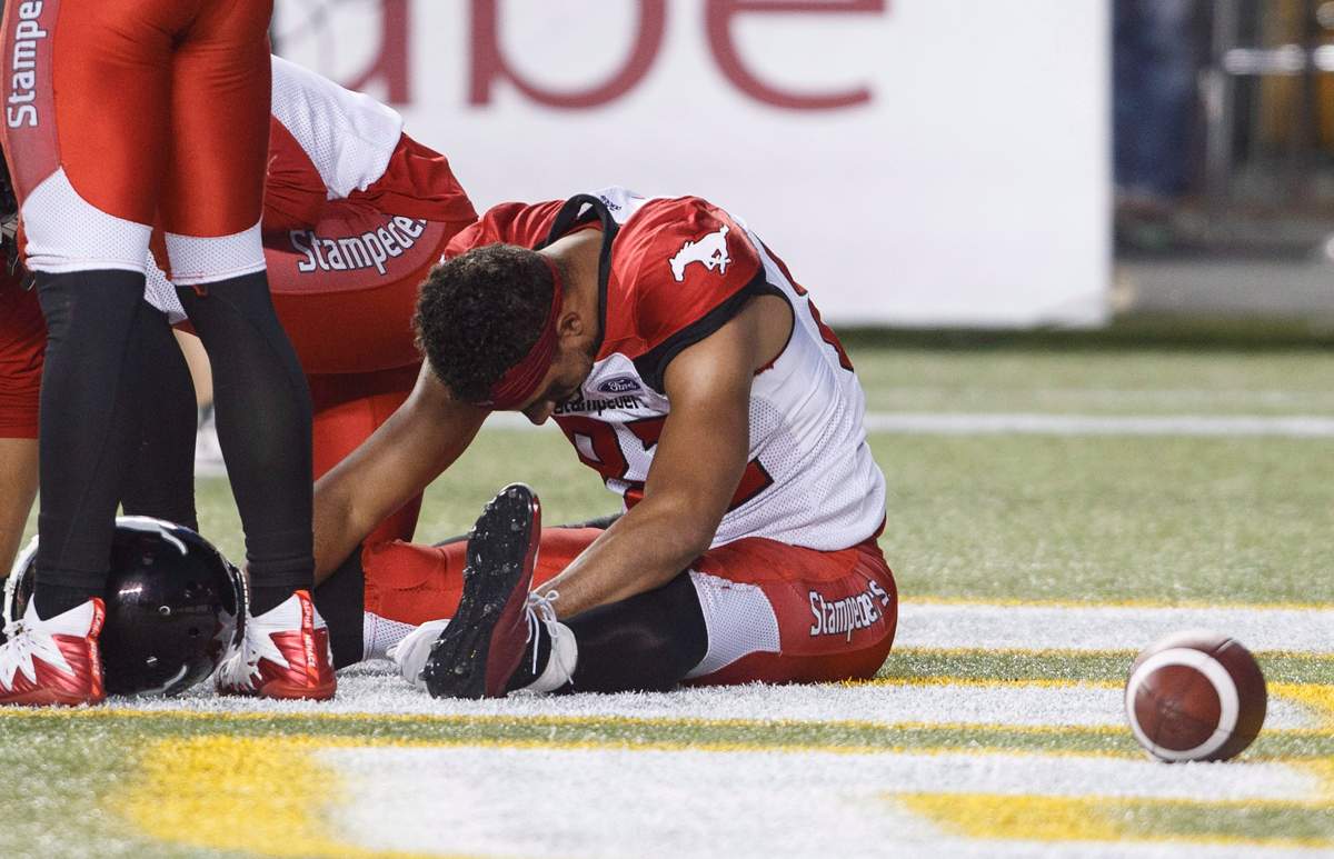 Calgary Stampeders Juwan Brescacin (82) reacts to missing the catch in the end zone against the Edmonton Eskimos during first half CFL action in Edmonton, Alta., on Saturday September 8, 2018. THE CANADIAN PRESS/Jason Franson.