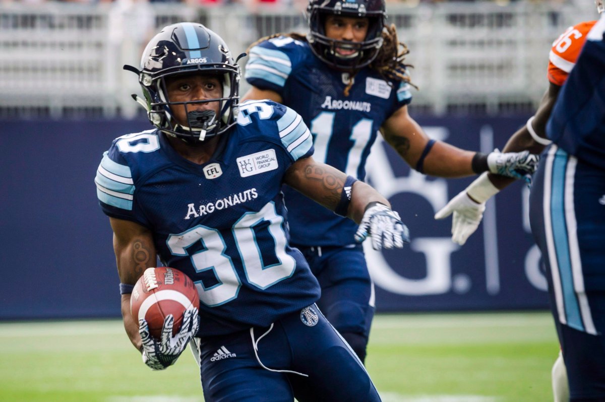 Toronto Argonauts running back Martese Jackson (30) runs the ball in fourth quarter CFL action against the B.C. Lions in Toronto on Saturday, August, 18, 2018. The Edmonton Eskimos have acquired Jackson and a conditional sixth-round draft pick in the 2020 CFL draft from the Toronto Argonauts. 