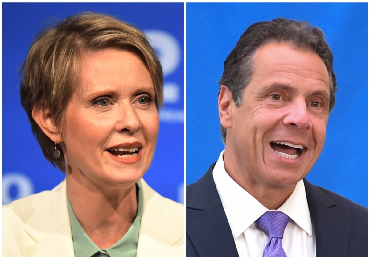 FILE - In this combination of file photos, New York gubernatorial candidate Cynthia Nixon, left, speaks during a Democratic primary debate in Hempstead, N.Y., on Aug. 29, 2018, and Gov. Andrew Cuomo speaks at a press conference in New York on July 18, 2018.