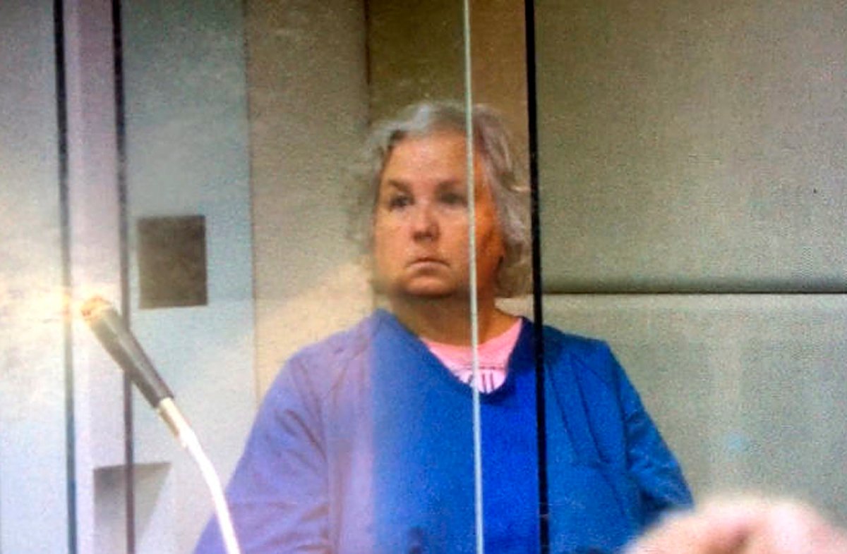 In this screen shot from video of her court appearance, Nancy Crampton Brophy appears in Multnomah County Circuit Court in Portland, Ore., on Thursday, Sept. 6, 2018, on one count of murder with a firearm constituting domestic violence in the June death of her husband, Daniel Brophy, a chef at the Oregon Culinary Institute who was found shot in the school's kitchen.