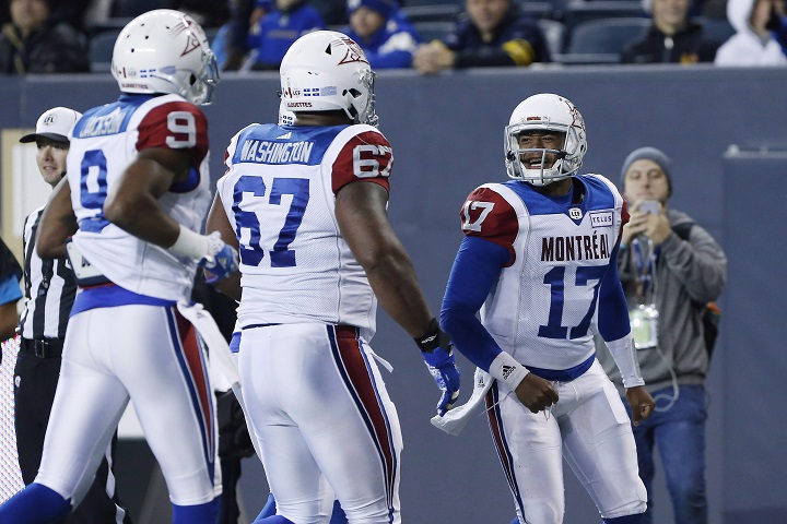 Montreal Alouettes' quarterback Antonio Pipkin (17) celebrates his touchdown against the Winnipeg Blue Bombers during the second half of CFL action in Winnipeg Friday, September 21, 2018.