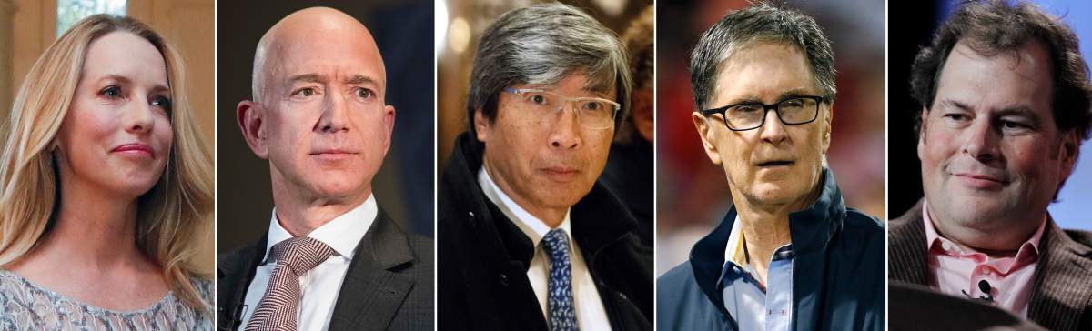 This Friday, Sept. 21, 2018, combination of file photos shows from left, Laurene Powell Jobs, who has a majority stake in The Atlantic, Jeff Bezos, who bought The Washington Post in 2013, Patrick Soon-Shiong, who bought The Los Angeles Times in 2018, John Henry, who bought the Boston Globe in 2013, and Marc Benioff, who bought Time Magazine. 