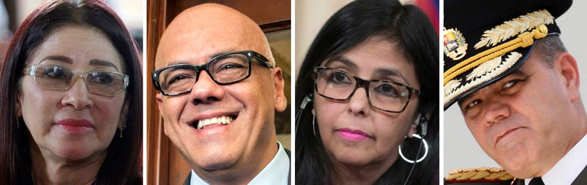 This combo photo shows Venezuelan President Nicolas Maduro’s inner circle from left to right; his wife and first lady Cilia Flores in Caracas on Aug. 5, 2017, Minister of Communications Jorge Rodriguez in Santo Domingo on Dec. 1, 2017, Vice President Delcy Rodriguez in Moscow on Feb. 6, 2017, and Defense Minister Vladimir Padrino Lopez in Caracas on Aug. 8, 2017.