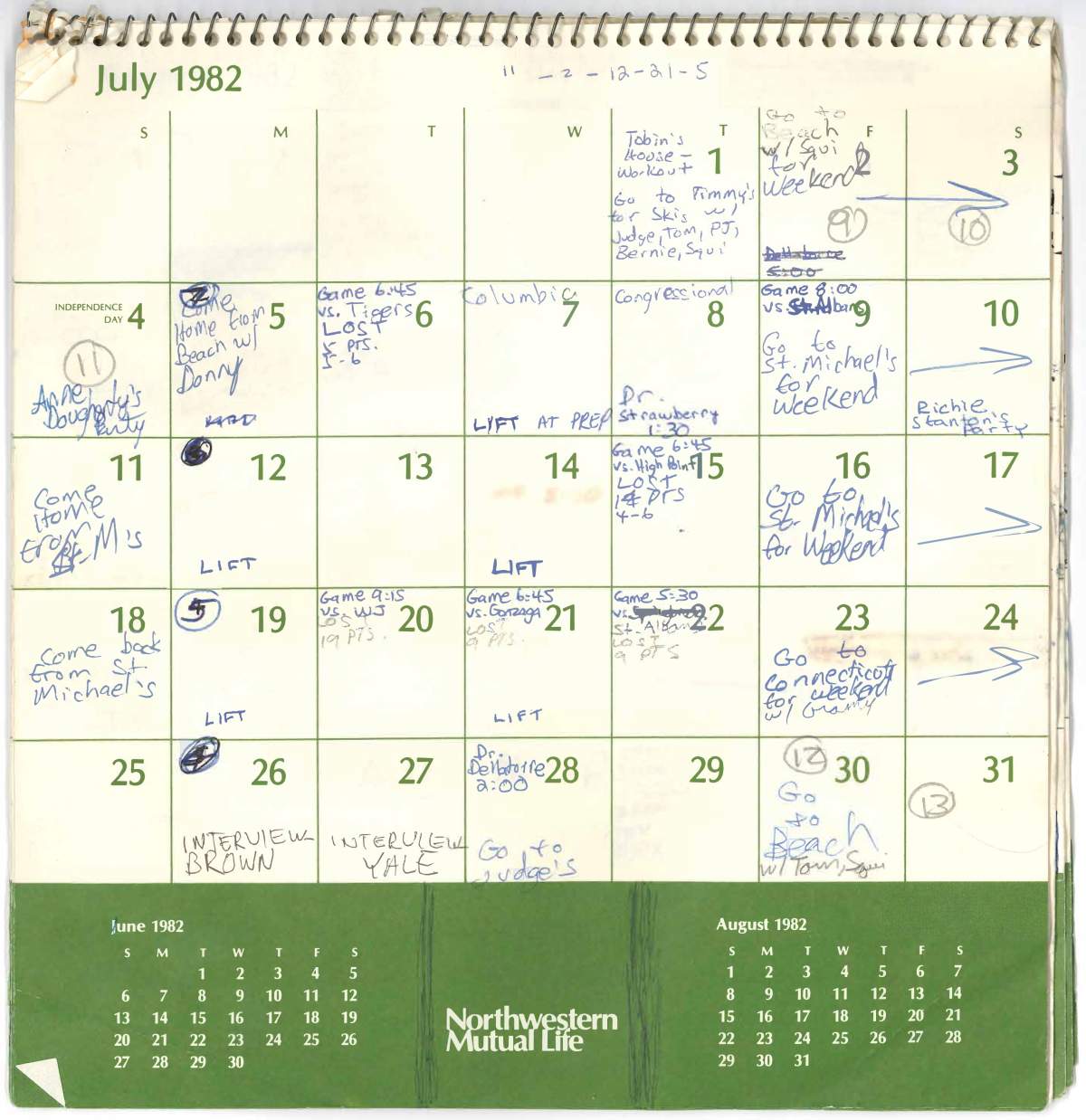 This image released by the Senate Judiciary Committee, Sept. 26, 2018, in Washington, shows Supreme Court nominee Judge Brett Kavanaugh’s calendar, from the summer of 1982. (Senate Judiciary Committee via AP)