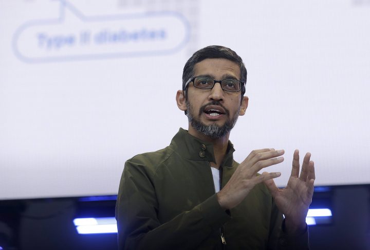 FILE- In this May 8, 2018, file photo, Google CEO Sundar Pichai speaks at the Google I/O conference in Mountain View, Calif.