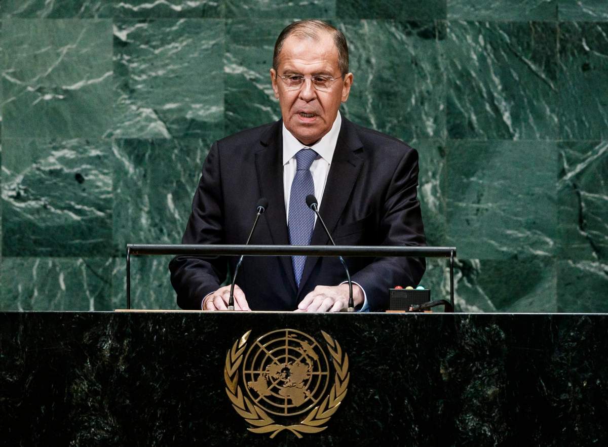 Russia's Foreign Minister Sergey Lavrov addresses the General Debate of the 73rd session of the General Assembly of the United Nations at United Nations Headquarters in New York, New York, USA, 28 September 2018.