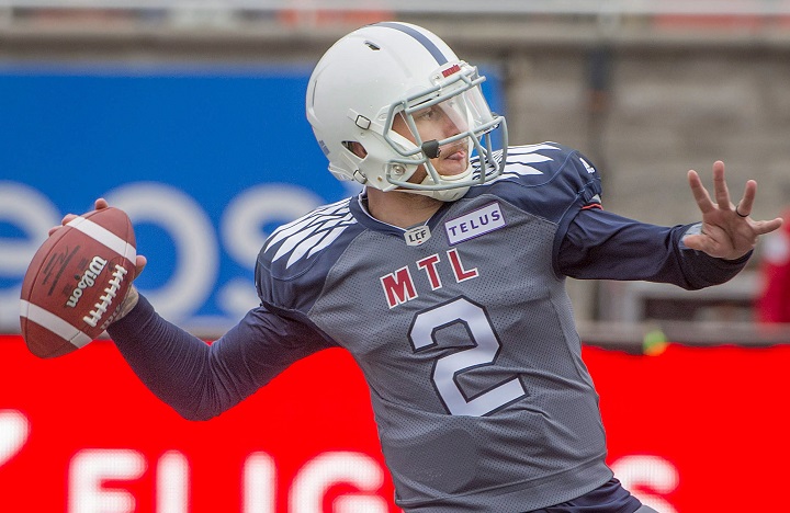 Montreal Alouettes' Johnny Manziel throws the ball down field during first half CFL action against the Saskatchewan Roughriders, in Montreal on Saturday, Sept. 22, 2018. 
