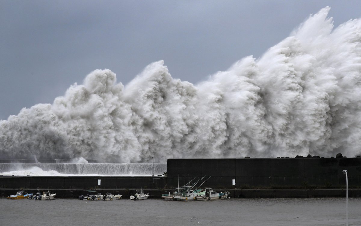 High waves triggered by Typhoon Jebi are seen at a fishing port in Aki, Kochi Prefecture, western Japan, in this photo taken by Kyodo September 4, 2018. 