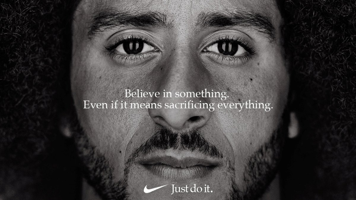 Former San Francisco quarterback Colin Kaepernick appears as a face of Nike Inc. advertisement marking the 30th anniversary of its "Just Do It" slogan in this image released by Nike in Beaverton, Ore., on Sept. 4.