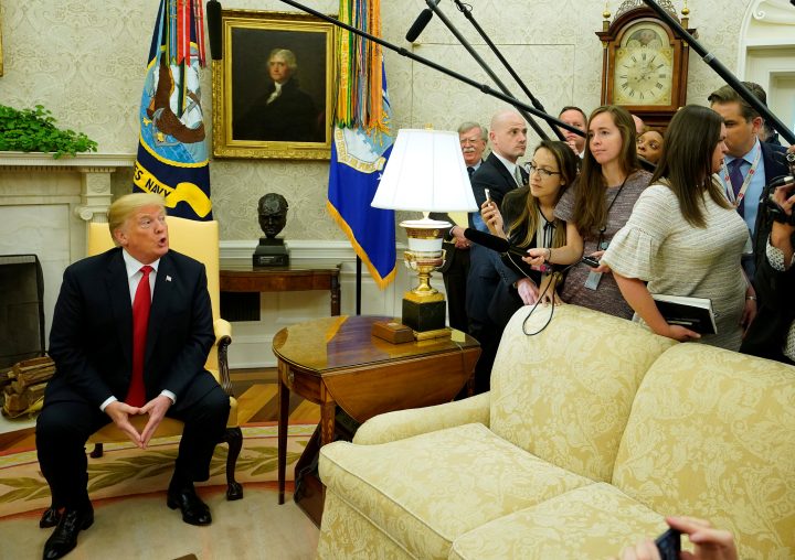 U.S. President Donald Trump answers a question about U.S. Supreme Court nominee Brett Kavanaugh during a meeting with Chilean President Sebastian Pinera in the Oval Office of the White House in Washington, U.S., Sept. 28, 2018.      