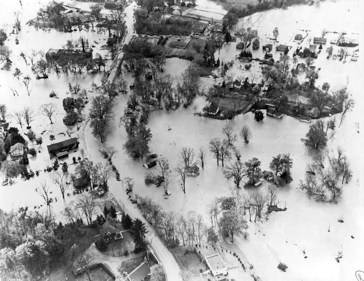 This is an October 1954 aerial view of hurricane Hazel flood waters in Toronto, Canada.