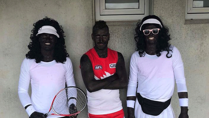 Australian Penguin Football Club members dressed as tennis stars Venus and Serena Williams and Sydney Swans football player Aliir Aliir. 