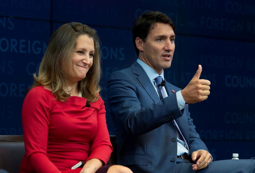 Canadian Prime Minister Justin Trudeau and Foreign Affairs Minister Chrystia Freeland participate in a panel discussion at the Council on Foreign Relations in New York, Tuesday, Sept. 25, 2018. U.S. President Donald Trump says he rejected a request for a one-on-one NAFTA meeting with Prime Minister Justin Trudeau this week because Canada's tariffs are too high and the country's trade negotiators have refused to budge. THE CANADIAN PRESS/Adrian Wyld.