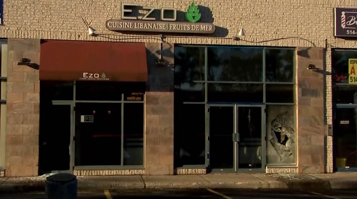Montreal's arson squad is investigating after an incendiary device was thrown through the window of a restaurant on L'Acadie Boulevard.