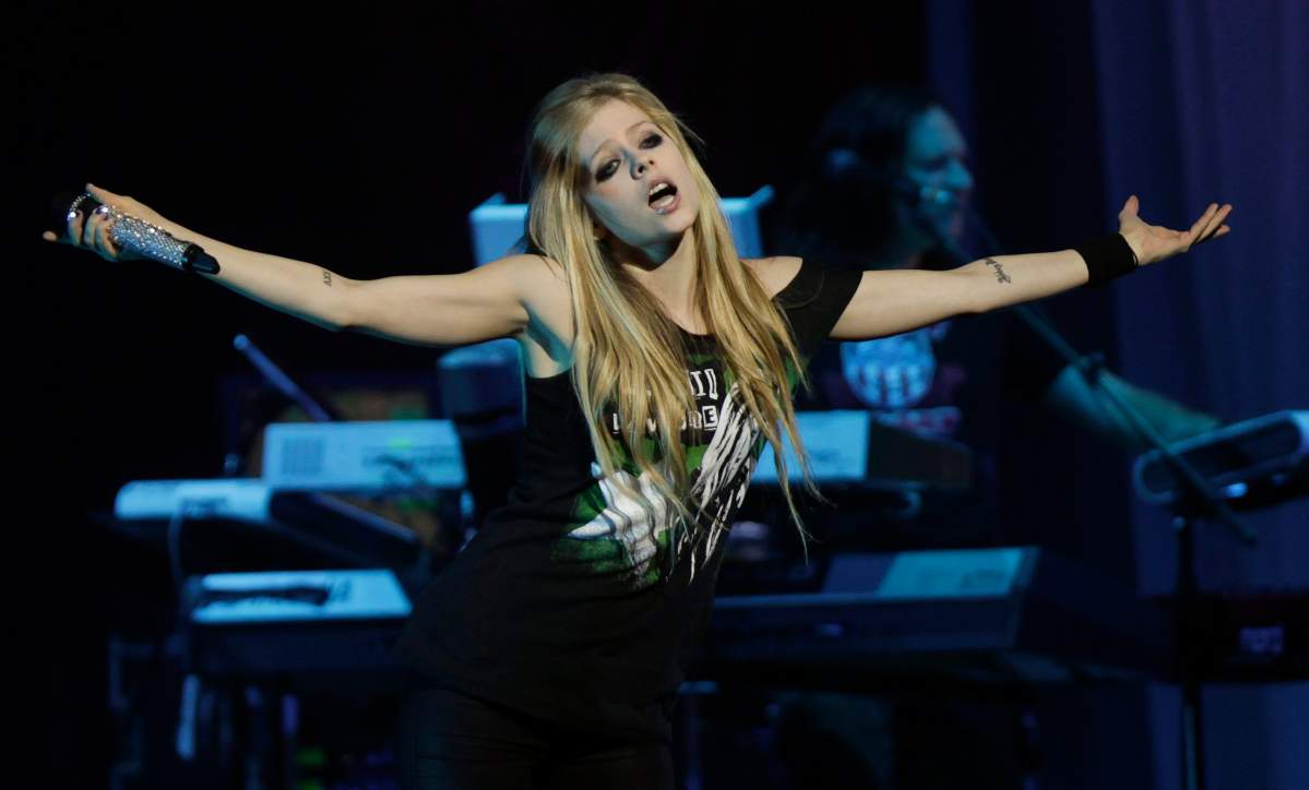 Canadian singer Avril Lavigne performs during her “Black Star Tour” in Sao Paulo, Brazil, Wednesday, July 27, 2011.